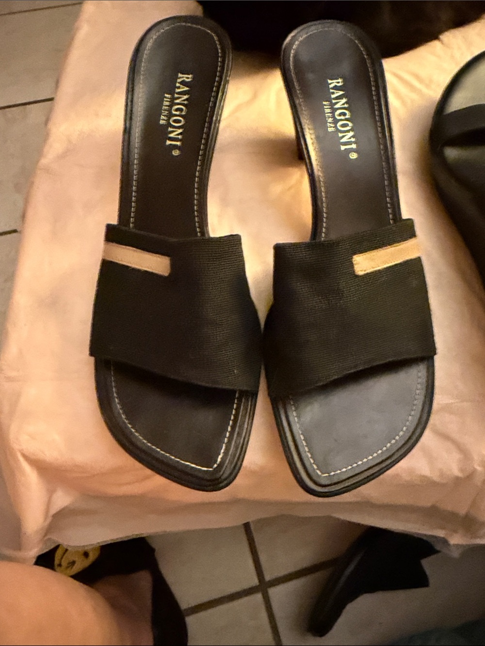 Rangoni Black Slide Mules with Tan Accents